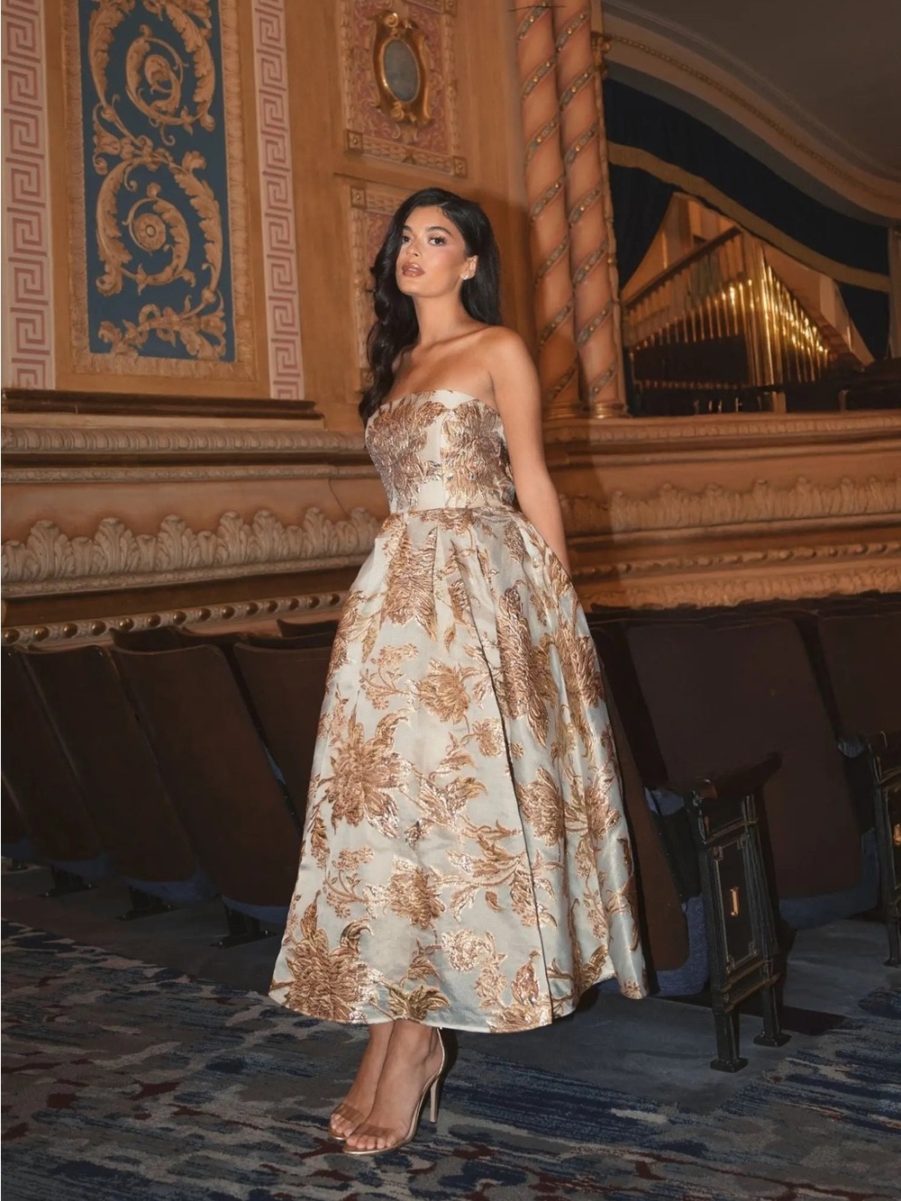 Mac Duggal 20716 Gold Strapless Brocade Midi Dress with Pockets Size 12 NWT - Picture 5 of 13